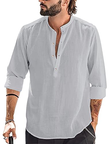 Runcati Herren Baumwolle Leinenhemd Langarm Hemd Stehkragen Strandhemd Sommerhemd Elegant Shirts, Grau, XXL von Runcati