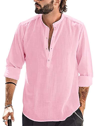 Runcati Herren Baumwolle Leinenhemd Langarm Hemd Stehkragen Strandhemd Sommerhemd Elegant Shirts, Rosa, L von Runcati