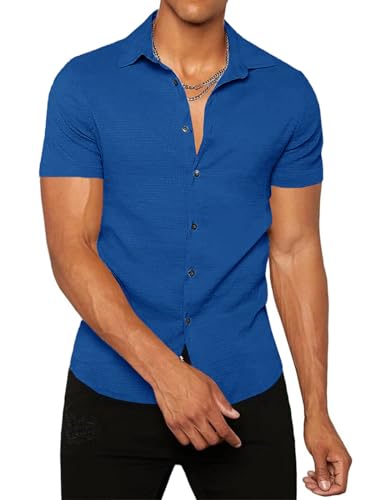 Runcati Herren Button Down Hemden Business Freizeithemd Sommerhemd Solide Farbe Kurzarm Weich Casual Beach Tops Dunkelblau L von Runcati