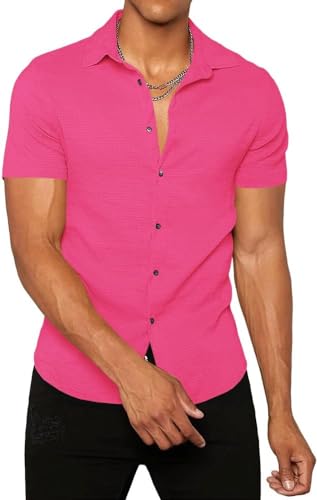 Runcati Herren Button Down Hemden Business Freizeithemd Sommerhemd Solide Farbe Kurzarm Weich Casual Beach Tops Rosa XXL von Runcati