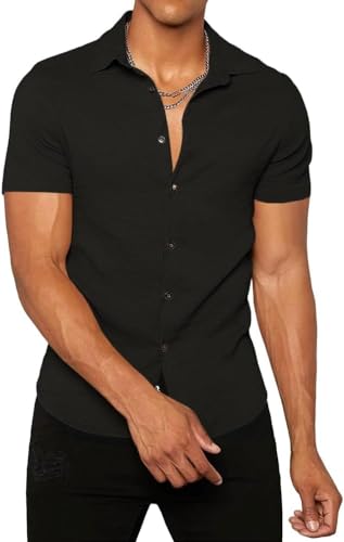 Runcati Herren Button Down Hemden Business Freizeithemd Sommerhemd Solide Farbe Kurzarm Weich Casual Beach Tops Schwarz M von Runcati