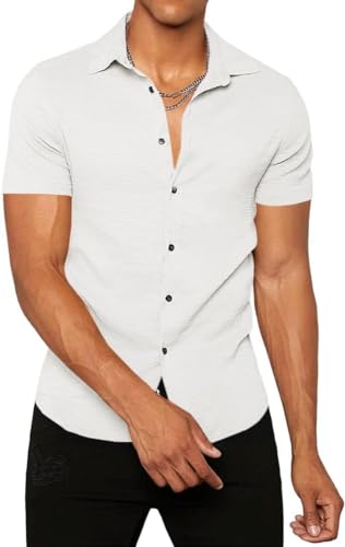 Runcati Herren Button Down Hemden Business Freizeithemd Sommerhemd Solide Farbe Kurzarm Weich Casual Beach Tops Weiß XXL von Runcati