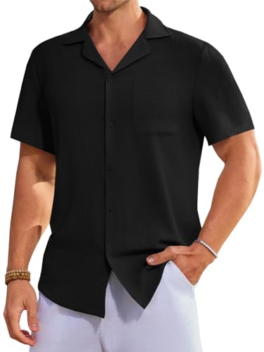 Runcati Herren Button-Down-Shirt, lässig, kubanisch, kurzärmelig, Sommer, strukturiert, Strandhemden, Schwarz, XL von Runcati
