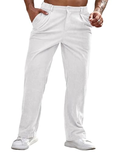 Runcati Herren Cordhose, elastische Taille, gerades Bein, legere Plissee-Hose mit Taschen, Weiss/opulenter Garten, Mittel von Runcati