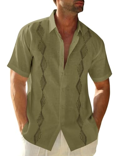 Runcati Herren Kurzarm Sommerhemd Mexikanisch Guayabera Hemden Urlaub Strand Leinenhemd mit Muster Grün M von Runcati