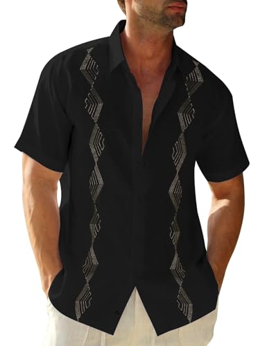 Runcati Herren Kurzarm Sommerhemd Mexikanisch Guayabera Hemden Urlaub Strand Leinenhemd mit Muster Schwarz M von Runcati