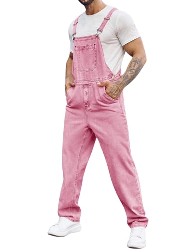Runcati Herren Denim Latzoverall Jeans Strampler Hose Verstellbarer Riemen Arbeitskleidung Slim Fit Jumpsuit, Pink, L von Runcati