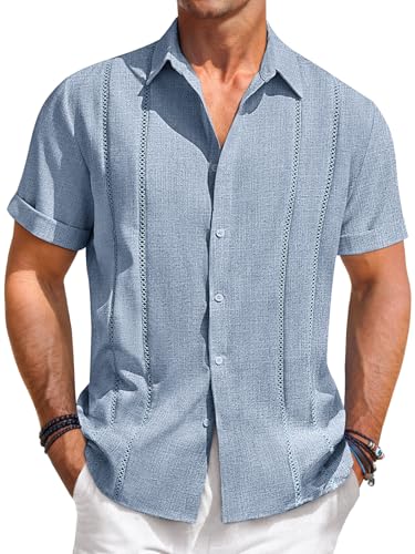 Runcati Herren Kurzarm Hemd Guayabera Stil Sommerhemd Leichtes Freizeitshirt Button Down Strand und Casual Regular Fit von Runcati