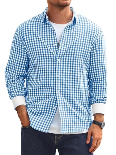 Hemd Herren Langarm Trachtenhemd Kariertes Oktoberfest Hemd Regular Fit Baumwolle Freizeithemd Button Down Hemden Casual Shirt Blau L von Runcati