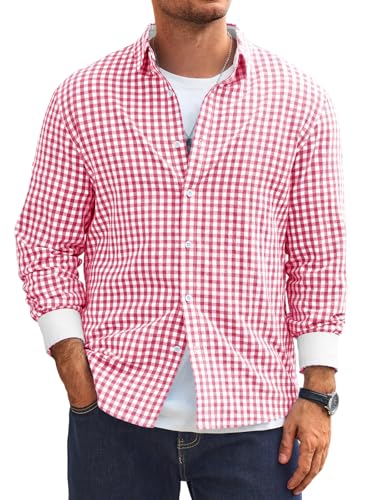 Hemd Herren Langarm Trachtenhemd Kariertes Oktoberfest Hemd Regular Fit Baumwolle Freizeithemd Button Down Hemden Casual Shirt Rosa 4XL von Runcati