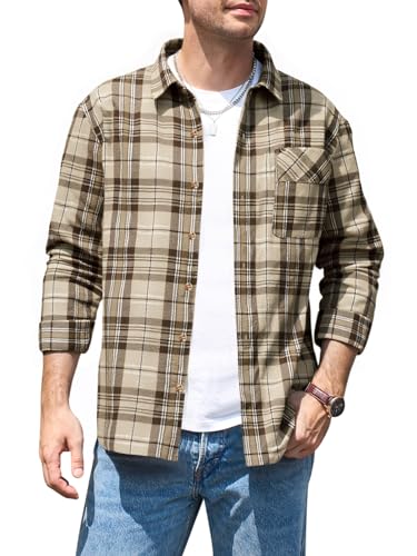 Runcati Herren Hemd Langarm Kariert Flanellhemd Button Down Freizeithemd Männer Regular Fit Casual Shirt Mit Brusttasche Khaki L von Runcati