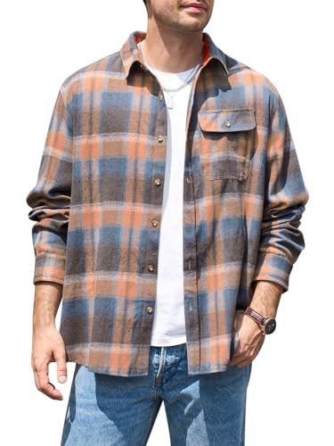 Runcati Herren Hemd Langarm Kariert Flanellhemd Button Down Freizeithemd Männer Regular Fit Casual Shirt Mit Brusttasche Orange M von Runcati