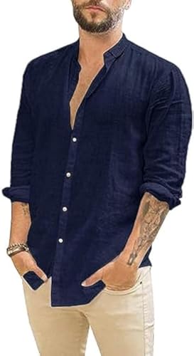 Runcati Herren Hemd Leinenhemd Langarm Sommer Strand Hemd Casual Regular Fit Freizeithemd Shirts Dunkelblau XXL von Runcati