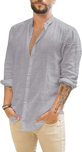 Runcati Herren Hemd Leinenhemd Langarm Sommer Strand Hemd Casual Regular Fit Freizeithemd Shirts Grau XXL von Runcati