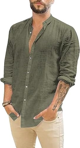 Runcati Herren Hemd Leinenhemd Langarm Sommer Strand Hemd Casual Regular Fit Freizeithemd Shirts Grün XXL von Runcati