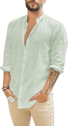 Runcati Herren Hemd Leinenhemd Langarm Sommer Strand Hemd Casual Regular Fit Freizeithemd Shirts Hellgrün XL von Runcati