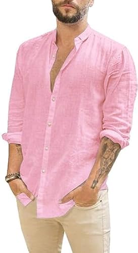 Runcati Herren Hemd Leinenhemd Langarm Sommer Strand Hemd Casual Regular Fit Freizeithemd Shirts Rosa XXL von Runcati