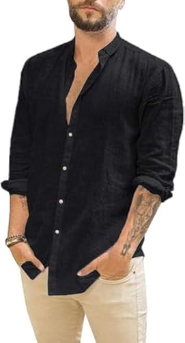Runcati Herren Hemd Leinenhemd Langarm Sommer Strand Hemd Casual Regular Fit Freizeithemd Shirts Schwarz XXL von Runcati