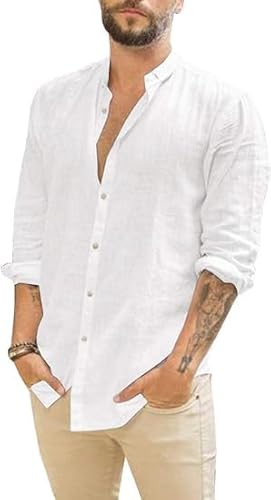 Runcati Herren Hemd Leinenhemd Langarm Sommer Strand Hemd Casual Regular Fit Freizeithemd Shirts Weiß L von Runcati