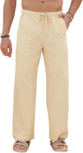 Runcati Herren Hose Baumwolle Straight Leg Yoga Hose Männer Herbst Loose Fit Strand Leicht Einfarbig Freizeithose mit Taschen Elastischer Bund, Khaki, L von Runcati