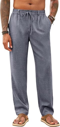 Runcati Herren Hose Lang Bügelleicht Freizeithose Männer Leicht Sommerhose Strand Yogahose mit Taschen Elastischer Bund, Dunkelgrau, XXXL von Runcati