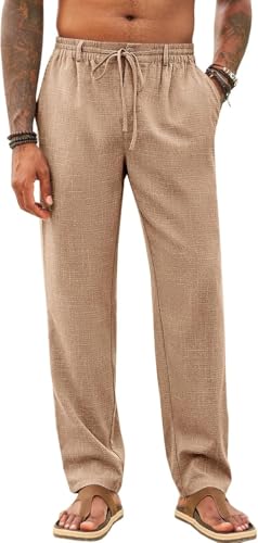 Runcati Herren Hose Lang Bügelleicht Freizeithose Männer Leicht Sommerhose Strand Yogahose mit Taschen Elastischer Bund, Hellbraun, M von Runcati