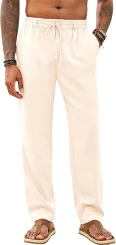 Runcati Herren Hose Lang Bügelleicht Freizeithose Männer Leicht Sommerhose Strand Yogahose mit Taschen Elastischer Bund, Hells Khaki, XL von Runcati
