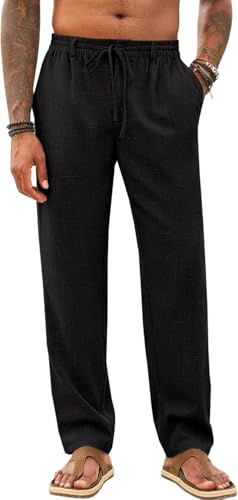 Runcati Herren Hose Lang Bügelleicht Freizeithose Männer Leicht Sommerhose Strand Yogahose mit Taschen Elastischer Bund, Schwarz, L von Runcati