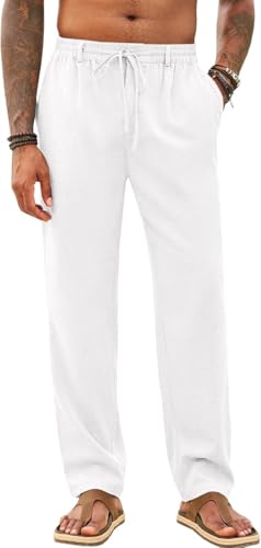 Runcati Herren Hose Lang Bügelleicht Freizeithose Männer Leicht Sommerhose Strand Yogahose mit Taschen Elastischer Bund, Weiß, XXXL von Runcati