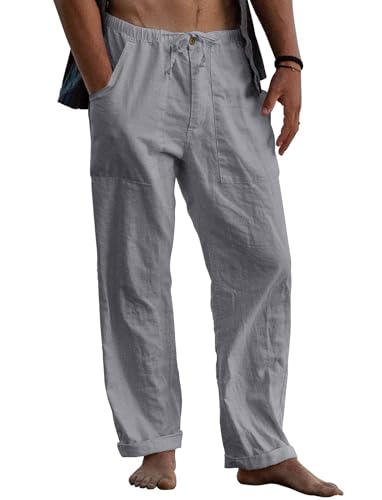 Runcati Leinenhose Herren Lang Freizeithose Leicht Sommerhose Strandhose Yoga Hosen mit Taschen Elastischer Bund Loose Fit Grau XL von Runcati