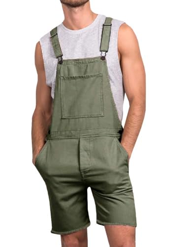 Runcati Herren Jeans Overall Baumwolle Latzhose Kurze Arbeitshose Loose Fit Männer Denim Jumpsuit mit Taschen Armeegrün S von Runcati
