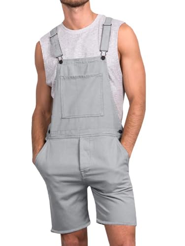 Runcati Herren Jeans Overall Baumwolle Latzhose Kurze Arbeitshose Loose Fit Männer Denim Jumpsuit mit Taschen Grau S von Runcati