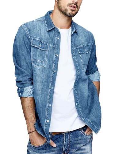 Runcati Herren Jeanshemd Langarm Denim Shirt Regular Fit Baumwolle Western Freizeithemd Leicht Übergangsjacke Hellblau XXL Runcati Herren Jeanshemd Langarm Denim Shirt Regular Fit Baumwolle Western Freizeithemd Leicht Übergangsjacke Hellblau XXL von Runcati