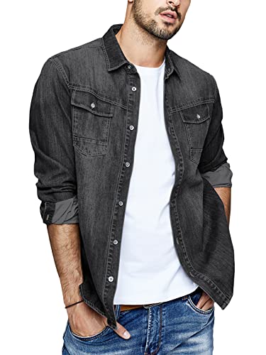 Runcati Herren Jeanshemd Langarm Denim Shirt Regular Fit Baumwolle Western Freizeithemd Leicht Übergangsjacke Schwarz XL von Runcati