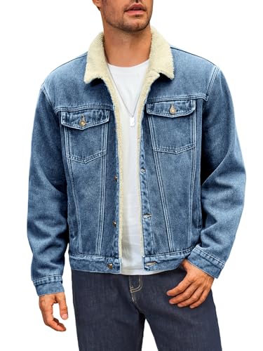 Runcati Herren Jeansjacke Fleece Denim Trucker Jacke Vintage Freizeit Übergangsjacke Warm Flauschig Winter Outdoor Jacken mit Knopfleiste Blau L von Runcati