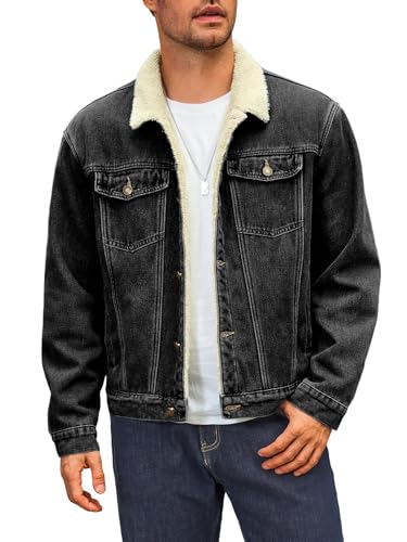 Runcati Herren Jeansjacke Fleece Denim Trucker Jacke Vintage Freizeit Übergangsjacke Warm Flauschig Winter Outdoor Jacken mit Knopfleiste Schwarz L von Runcati