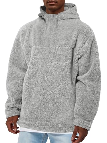 Runcati Herren Kapuzenpullover Leichte Teddy Fleece Hoodie Einfarbig Casual Plüsch Pullover Herbst Winter Lose Fuzzy Sweatshirt Grau XXL von Runcati