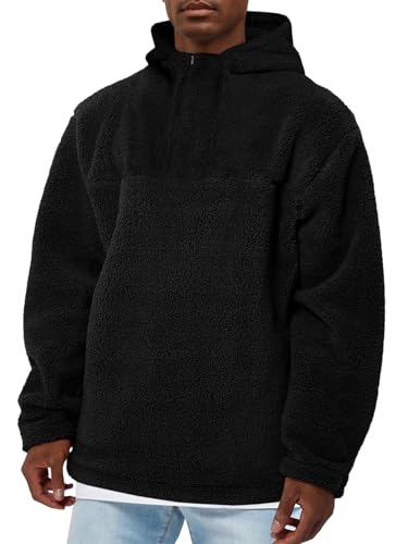 Runcati Herren Kapuzenpullover Leichte Teddy Fleece Hoodie Einfarbig Casual Plüsch Pullover Herbst Winter Lose Fuzzy Sweatshirt Schwarz L von Runcati