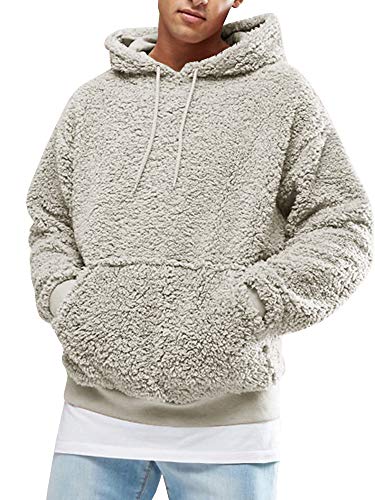 Runcati Herren Kapuzenpullover Teddy Fleece Hoodie Einfarbig Plüsch Sweatshirt Leichte Flauschig Sherpa Pullover Casual Winter Outwear mit Kängurutasche, Beige, XXL von Runcati