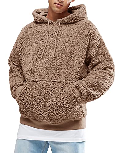 Runcati Herren Kapuzenpullover Teddy Fleece Hoodie Einfarbig Plüsch Sweatshirt Leichte Flauschig Sherpa Pullover Casual Winter Outwear mit Kängurutasche, Braun, L von Runcati
