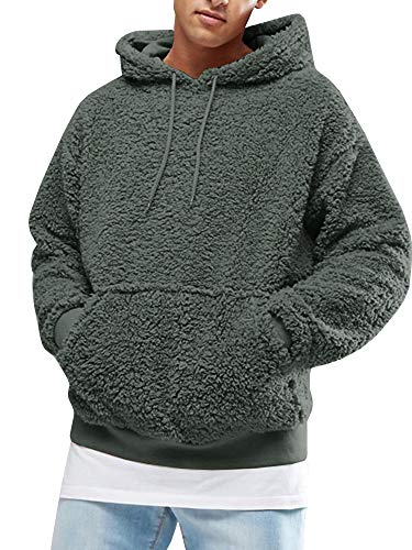 Runcati Herren Kapuzenpullover Teddy Fleece Hoodie Einfarbig Plüsch Sweatshirt Leichte Flauschig Sherpa Pullover Casual Winter Outwear mit Kängurutasche, Dunkelgrün, M von Runcati