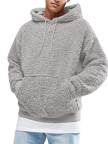 Runcati Herren Kapuzenpullover Teddy Fleece Hoodie Einfarbig Plüsch Sweatshirt Leichte Flauschig Sherpa Pullover Casual Winter Outwear mit Kängurutasche, Grau, S von Runcati