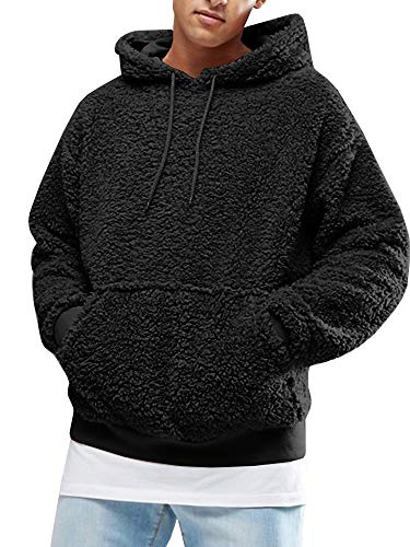 Runcati Herren Kapuzenpullover Teddy Fleece Hoodie Einfarbig Plüsch Sweatshirt Leichte Flauschig Sherpa Pullover Casual Winter Outwear mit Kängurutasche, Schwarz, XXL von Runcati