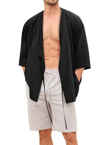 Runcati Herren-Kimono-Shirt, japanischer Bademantel, lässig, vorne offen, zum Binden, Sommer, Strand, Hawaii-Hemden, Schwarz, Medium von Runcati