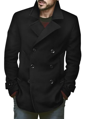 Runcati Herren Klassischer Zweireiher Mantel Slim Fit Winterjacken Casual Lange Jacke Warme Business Trenchcoat Schwarz XX-Groß von Runcati