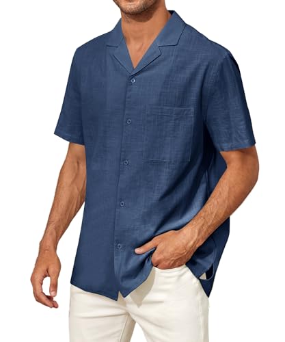 Runcati Herren Kurzarm Kuba Sommerhemd Baumwolle Strand Shirts Freizeithemd Lässig Regular Fit Männer Tops, Dunkelblau, L von Runcati