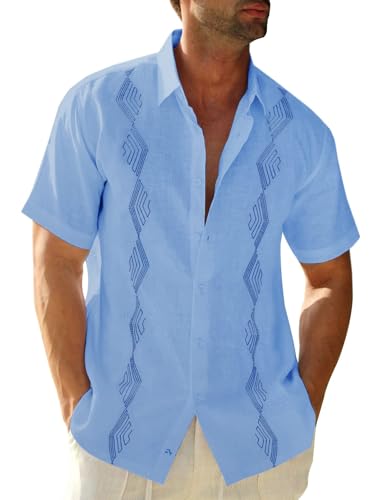 Runcati Herren Kurzarm Sommerhemd Mexikanisch Guayabera Hemden Urlaub Strand Leinenhemd mit Muster Blau S Runcati Herren Kurzarm Sommerhemd Mexikanisch Guayabera Hemden Urlaub Strand Leinenhemd mit Muster Blau S von Runcati