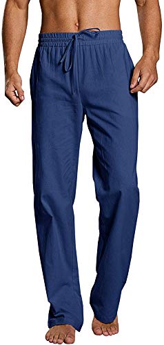 Runcati Herren Leinenhose Lang Freizeithose Leicht Baumwolle Sommerhose Männer Yoga Strandhose, Blau, M von Runcati