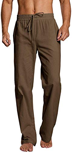 Runcati Herren Leinenhose Lang Freizeithose Leicht Baumwolle Sommerhose Männer Yoga Strandhose, Braun, L von Runcati