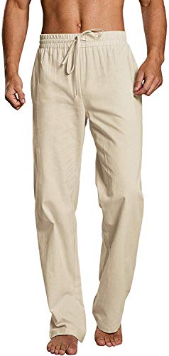 Runcati Herren Leinenhose Lang Freizeithose Leicht Baumwolle Sommerhose Männer Yoga Strandhose, Khaki, M von Runcati